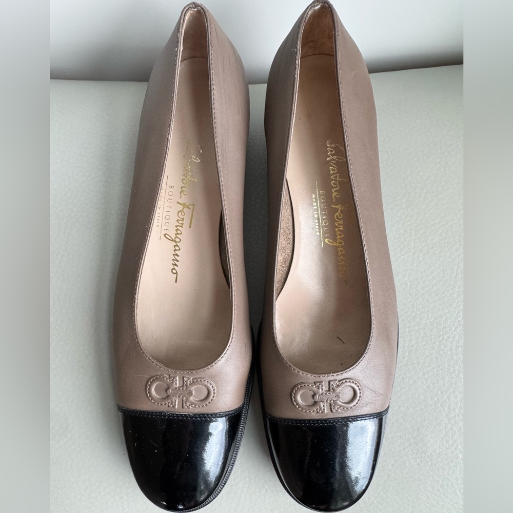 Salvatore Ferragamo Women's Taupe and Black block leather loafer/heel